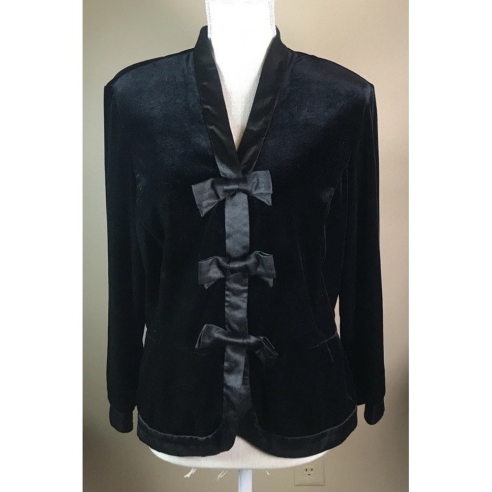 Ronnie Nicole Med Velvet Black Jacket Satin Bow Snap Front Party Sp Occasion